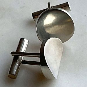 Vintage 925 Sterling Silver Modernist Concave Round Cuff Links EMD